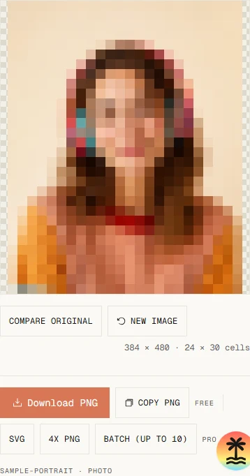 Photo to pixel art converter running on a phone screen with a portrait loaded