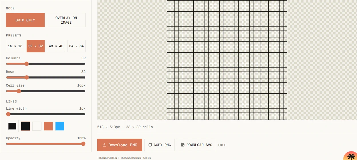Pixel art grid generator preset to 32 by 32 cells with grid lines and controls