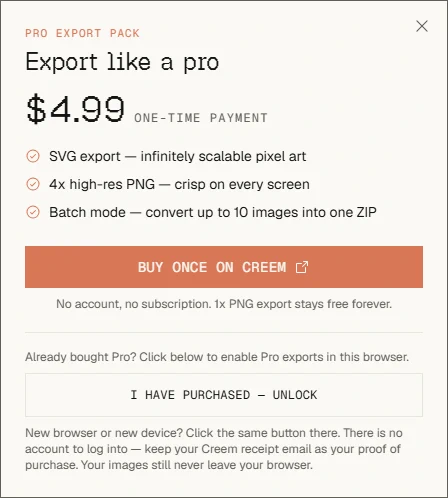 Pro Export Pack dialog with SVG, 4x PNG and batch options for pixel art downloads