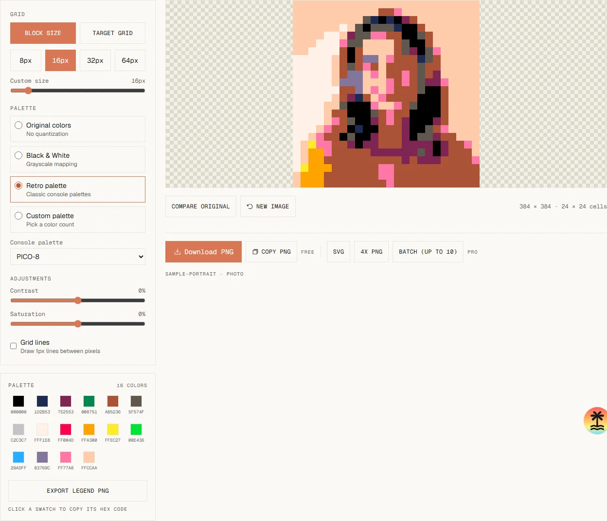 Retro palette panel with PICO-8 colors applied to a portrait in the pixel art converter
