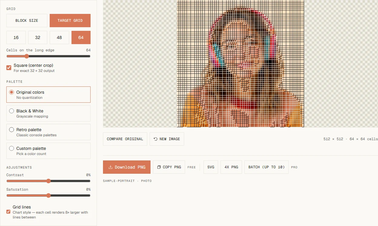 Target grid mode showing a 64 by 64 pixel chart with grid lines