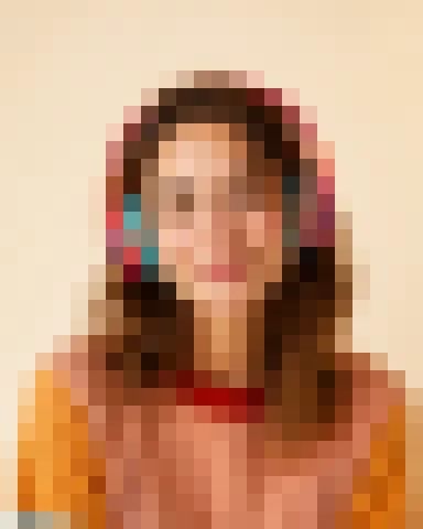 Portrait converted to pixel art with 16px blocks and original colors